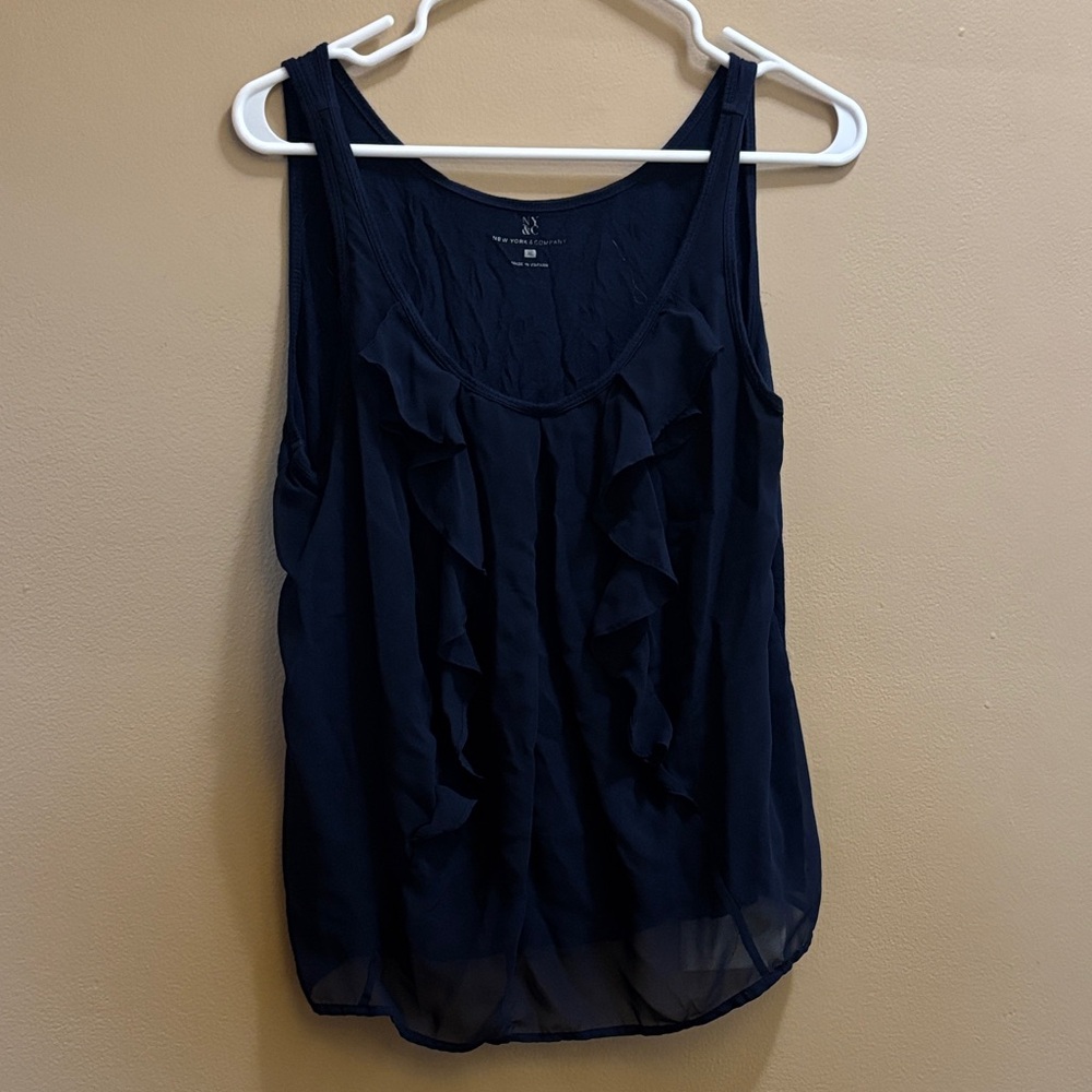 New York & Company Navy Ruffle Tank Top
